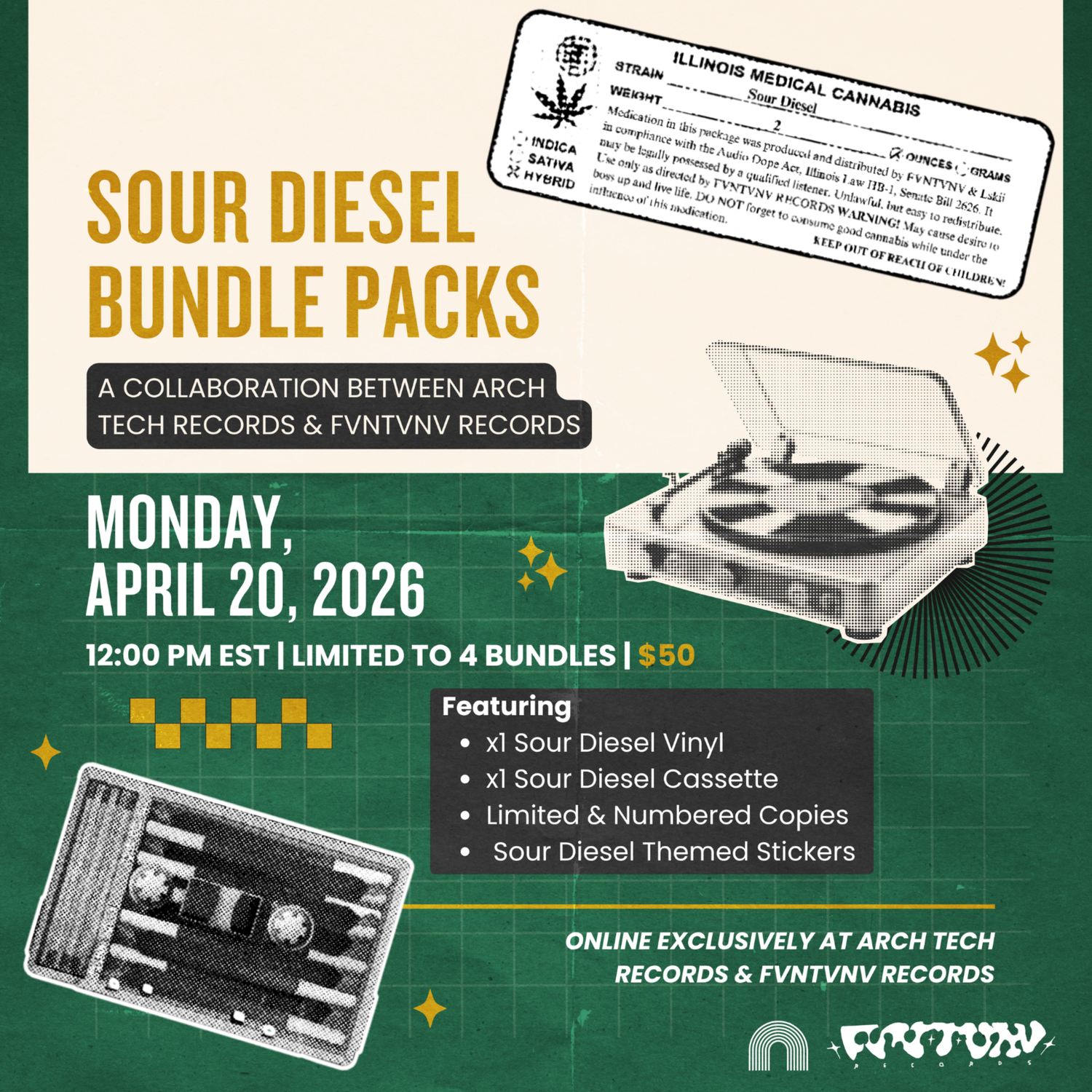 Promotional flyer for Sour Diesel bundle packs featuring a vinyl record and cassette tape releasing on April 20th, 2026 for $50.