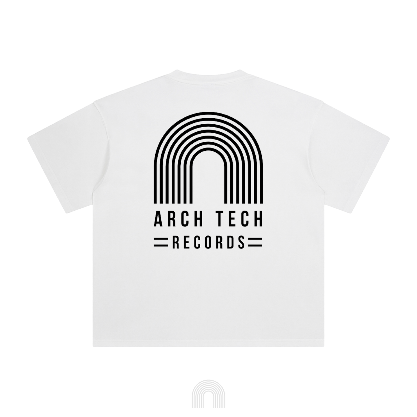 White tee w/ Black Arch Tech Records logo on rear
